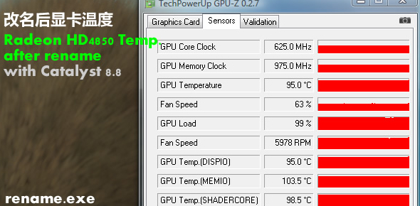 ...og etter at exe-filen fikk nytt navn. Merk GPU-temperaturen.