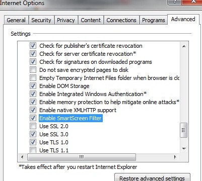 I IE 9 gjør du følgende: Tools -> Internet Options -> Advanced og fjerner krysset for «Enable SmartScreen Filter».
