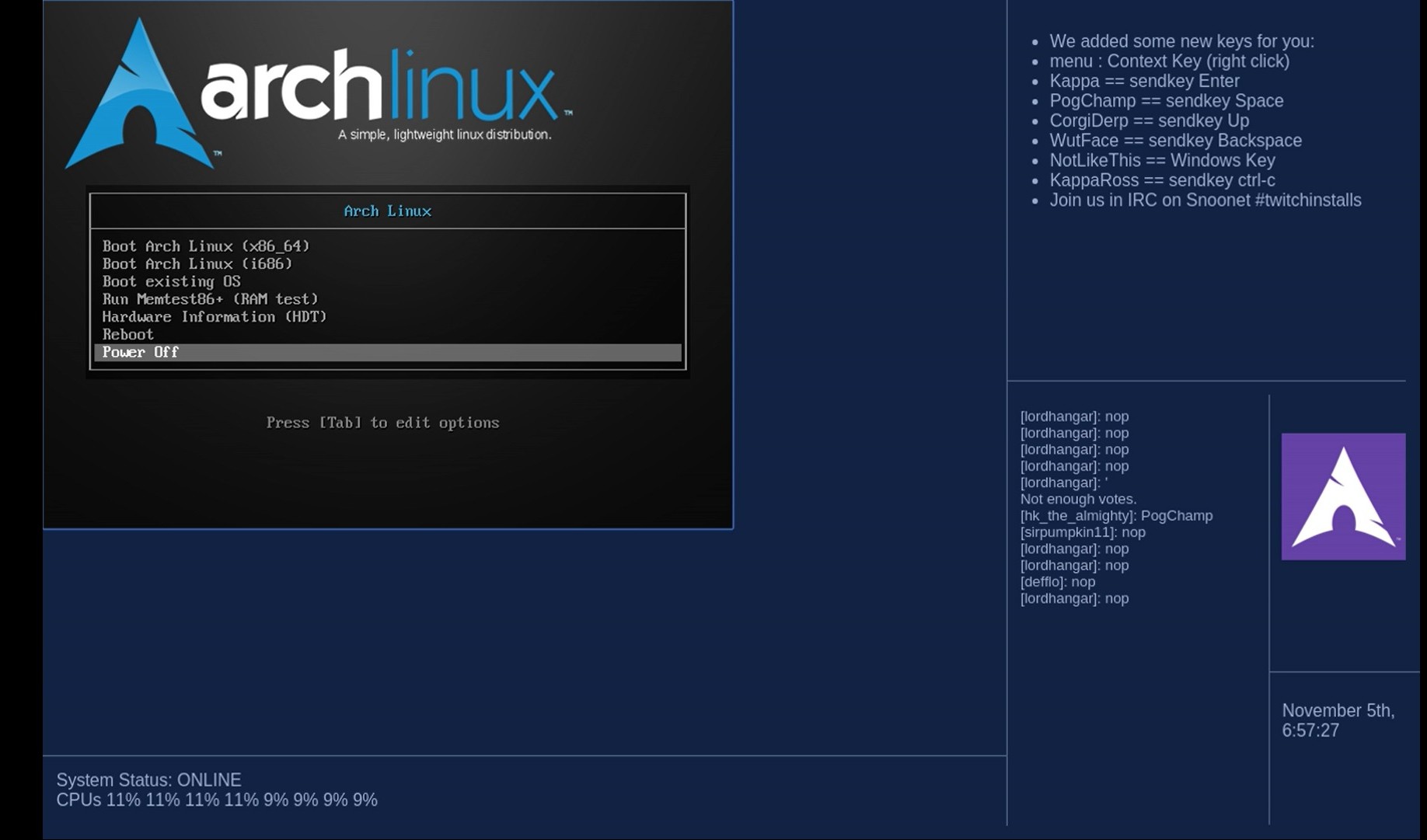 Følg Twitch-strømmen der de prøver å installere Arch Linux.
