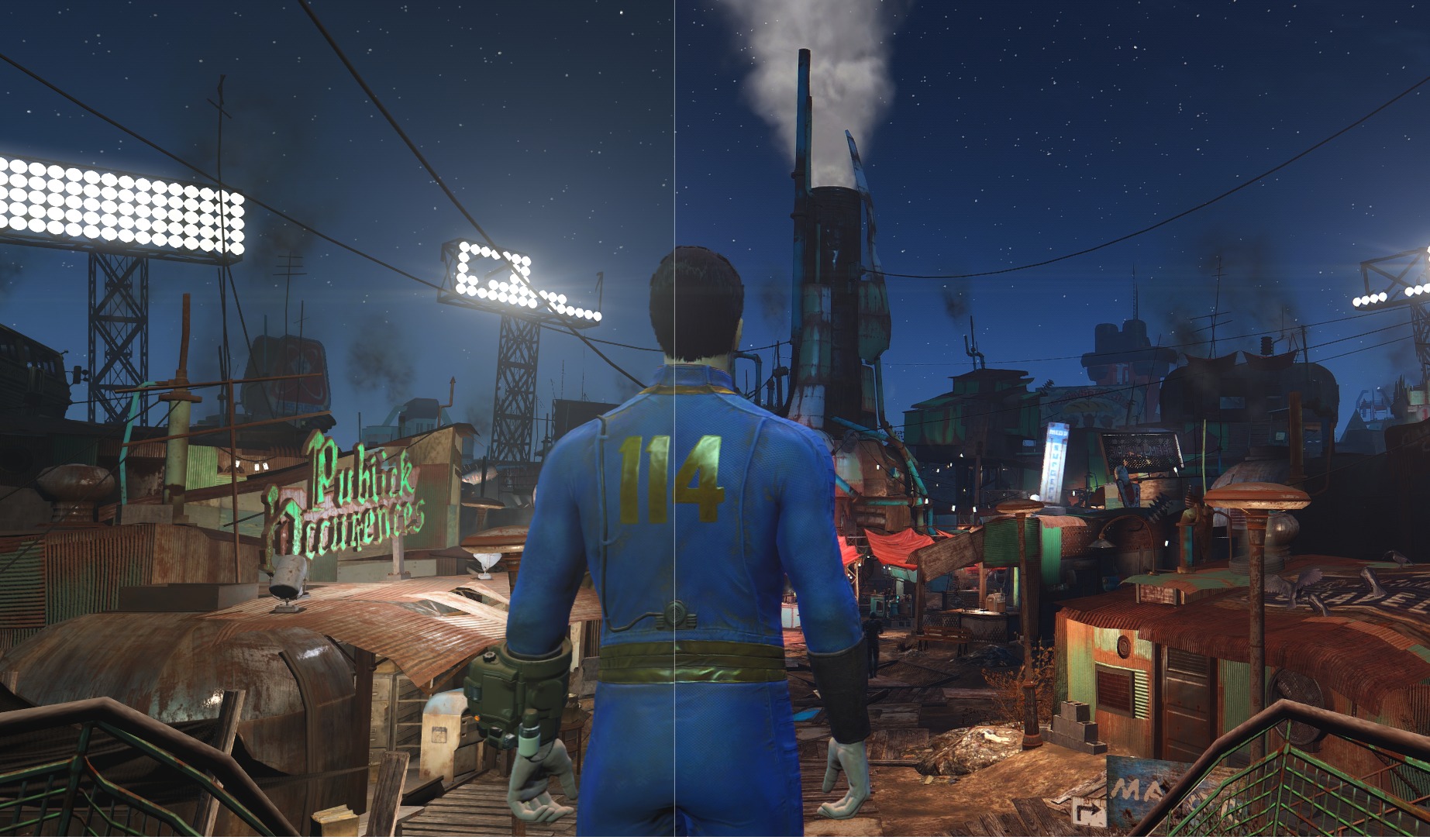 Fallout 4 med (til høyre) og uten (til venstre) forbedret grafikk.