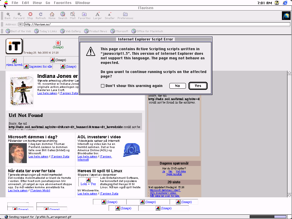 Her kjører Internet Explorer 4.01 på Macintosh. Datoen er 2.12.1999.