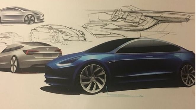 En konsepttegning av Tesla Model 3.