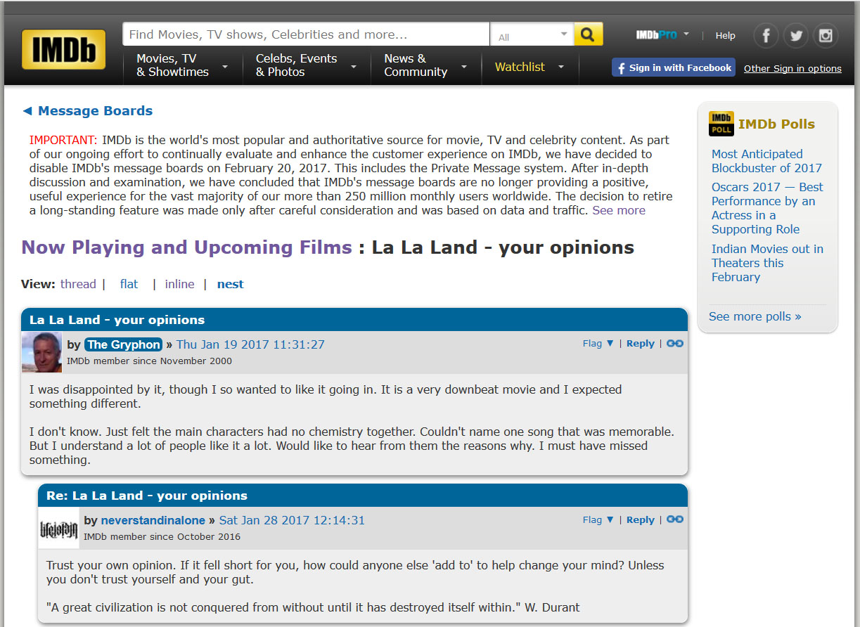 IMDB stenger forumene sine, og sier det er flere som diskuterer filmene de lister opp på sosiale medier.