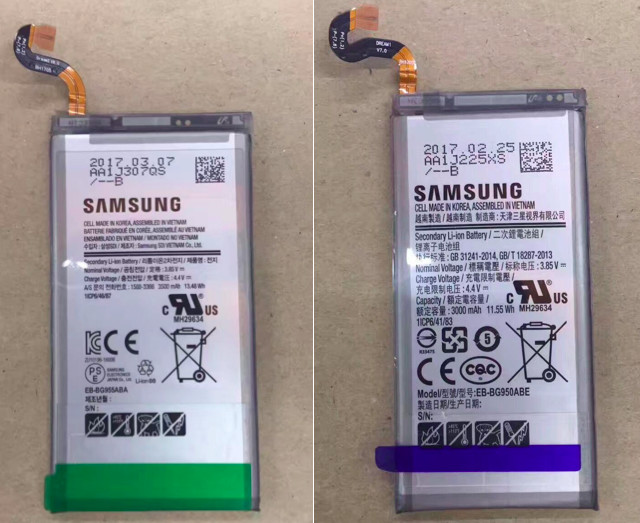 Dette skal være Galaxy S8-batteriene. S8+ til venstre og standard S8 til høyre.