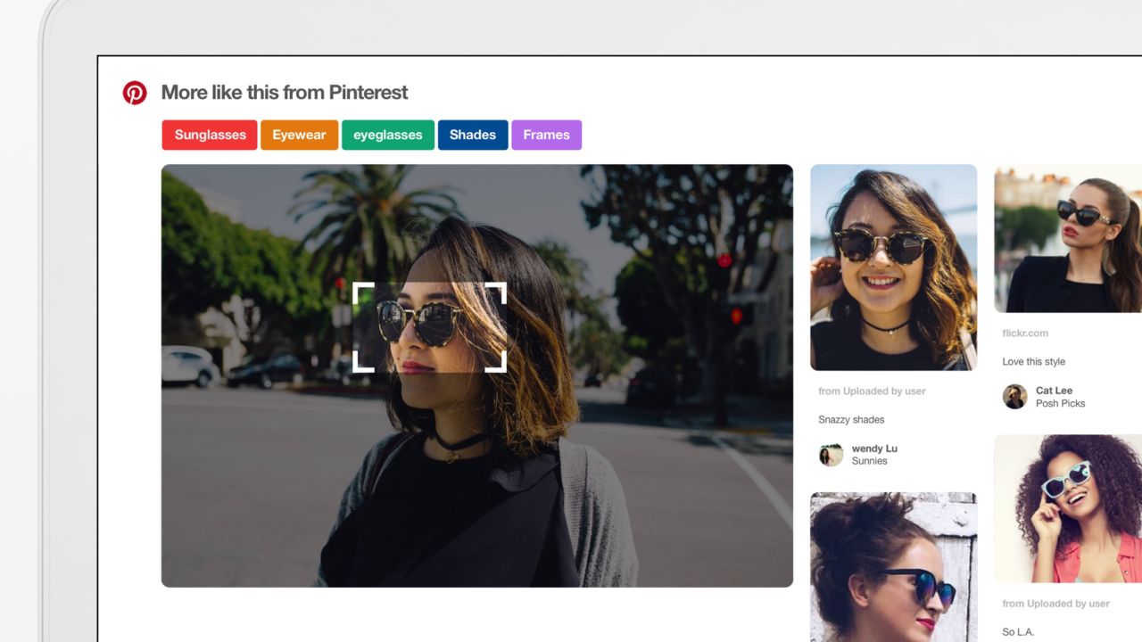 Med Pinterests nye bildesøk kan du zoome inn i bildet for å finne bilder av lignende ting, som for eksempel et par solbriller.