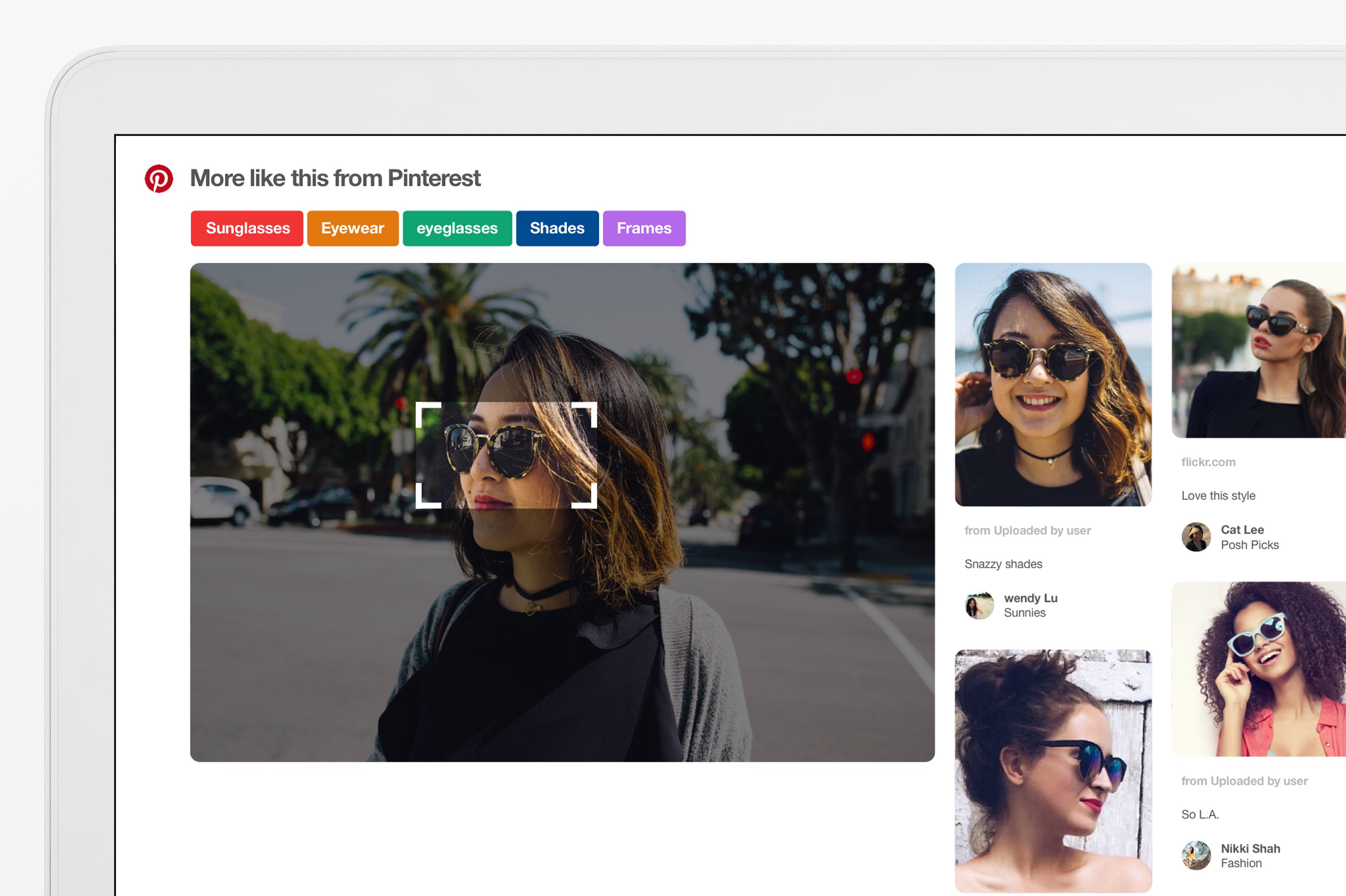 Med Pinterests nye bildesøk kan du zoome inn i bildet for å finne bilder av lignende ting, som for eksempel et par solbriller.