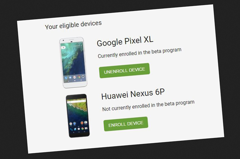 Slik ser listen over kvalifiserte enheter ut når du er logget på android.com/beta.