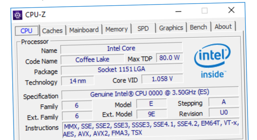 Dette CPU-Z-skjermbildet bekrefter at Coffee Lake får seks prosessorkjerner og 12 tråder.