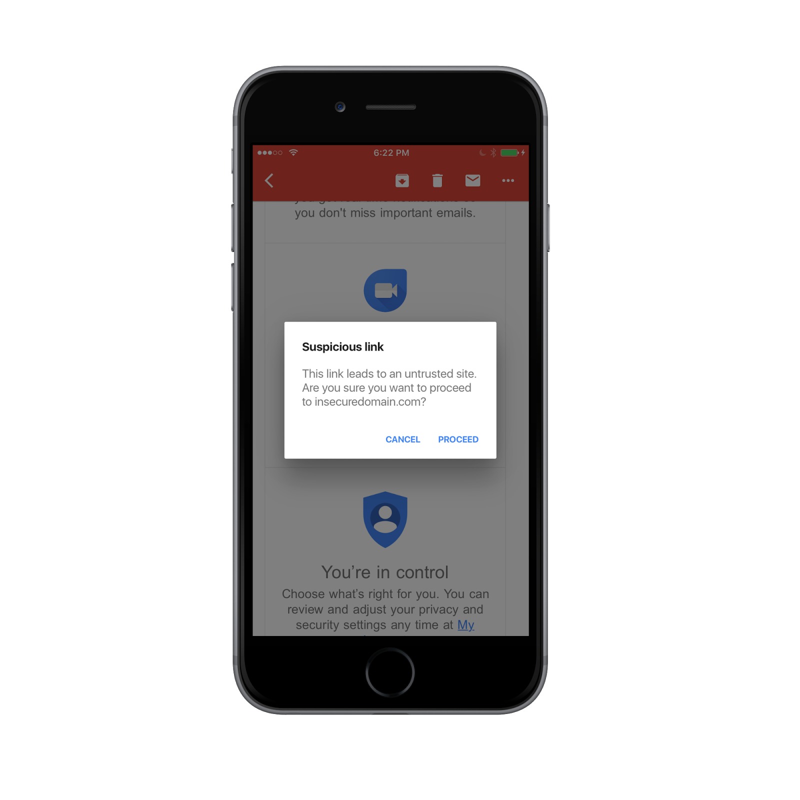 Gmail-appen advarer iOS-brukerne om mistenkelige sider.