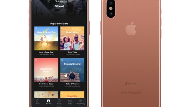 Den nye kobberfargen som kanskje lanseres i kombinasjon med den store iPhone 8-skjermen og Spotify.
