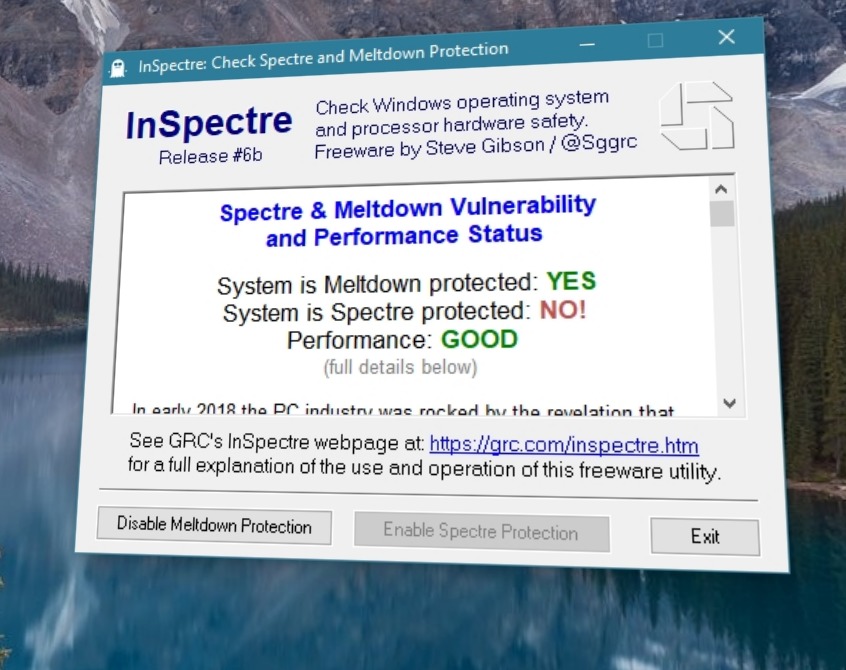 InSpectre ble sist oppdatert i går, så den bør gi korrekt resultatet på en rekke forskjellige maskiner.