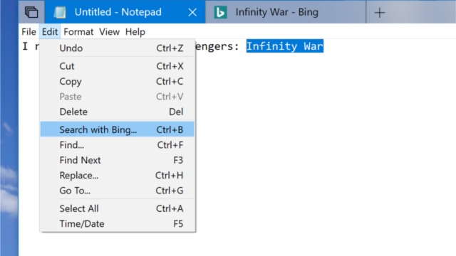 Bing-søk i Notepad.