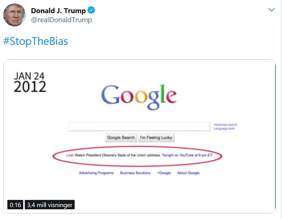 President Donald Trump hevder Google ikke promoterte talene hans.