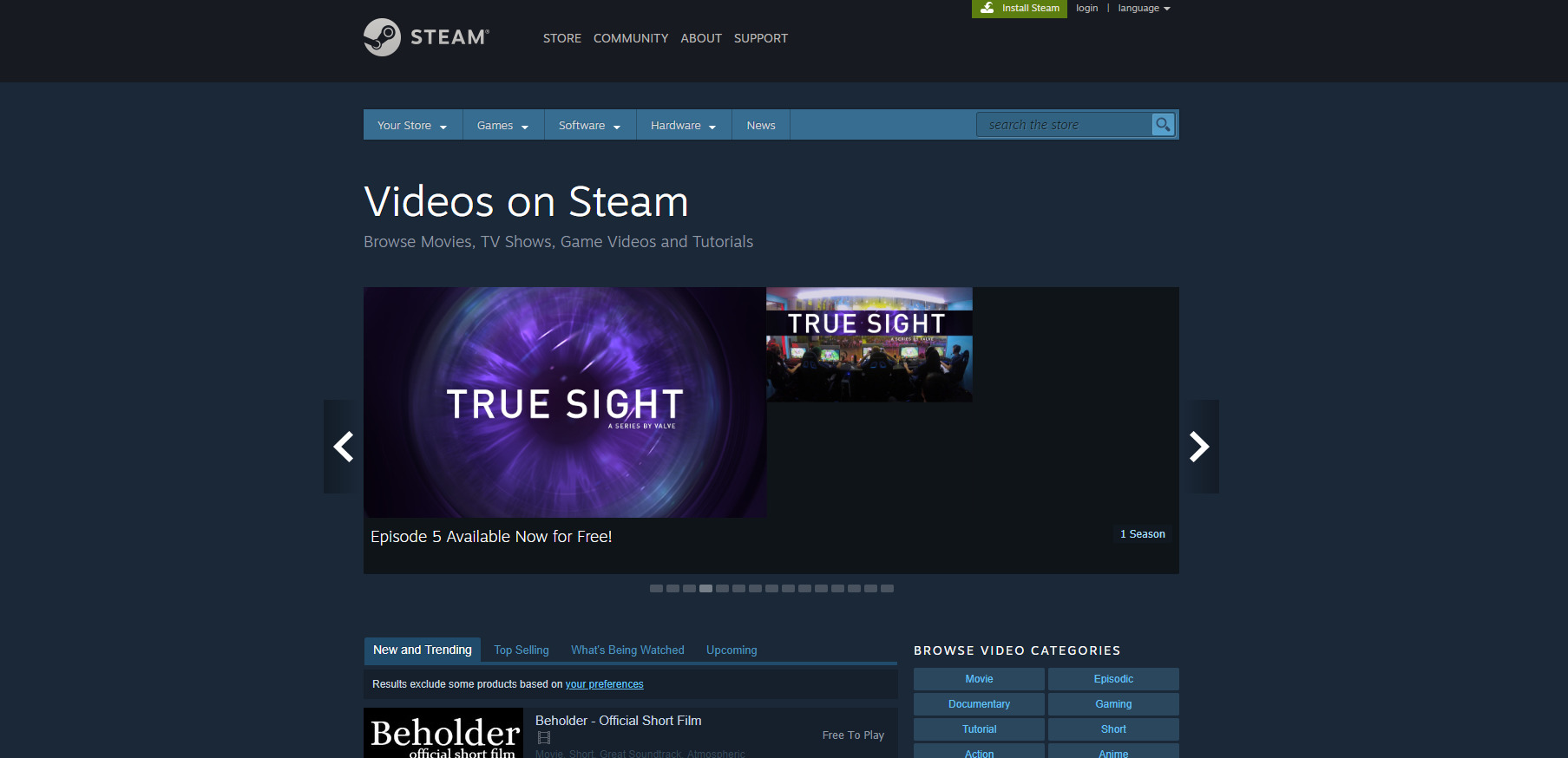 Steam gjør endringer på video-seksjonen deres.