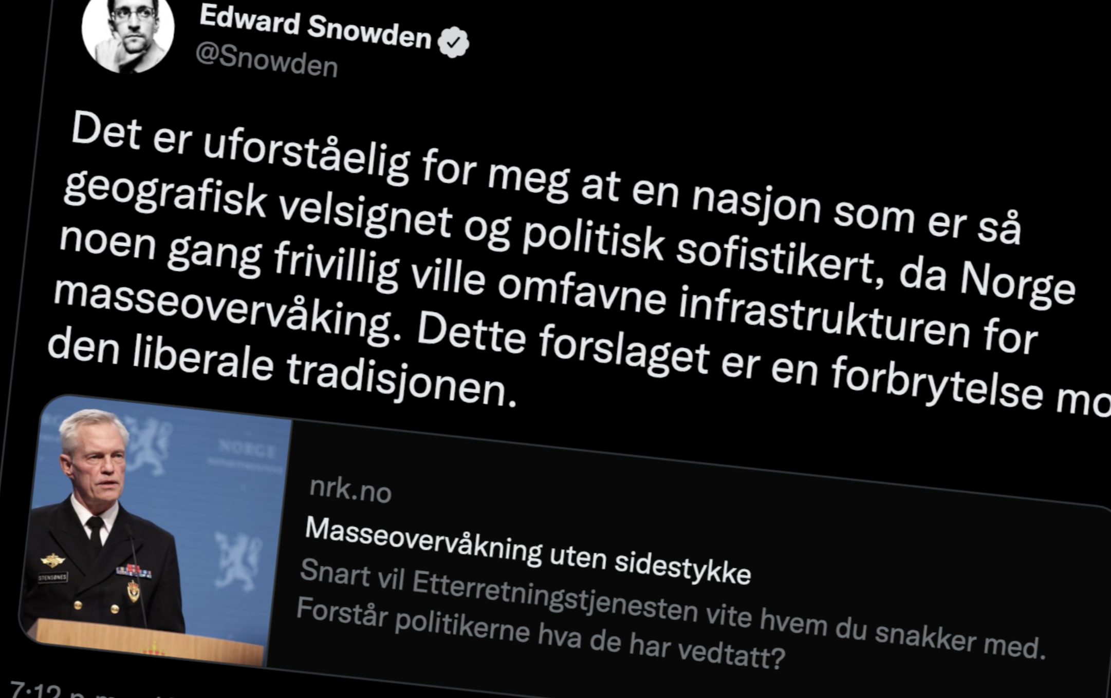 Snowden advarer Norge mot overvåkningsloven - ITavisen