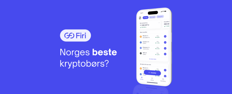 Illustrasjon av mobiltelefon med Firi-appen og teksten «Norges beste kryptobørs?» på lilla bakgrunn, brukt i forbindelse med handel og investering i kryptovaluta.