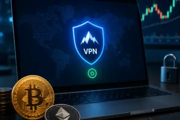 En laptop med aktiv VPN-beskyttelse på skjermen omgitt av Bitcoin- og Ethereum-symboler i et mørkt, futuristisk miljø. Et tradingdiagram vises i bakgrunnen, mens en mobil med sikker tilkobling og hengelås illustrerer personvern, kryptering og sikker kryptohandel.