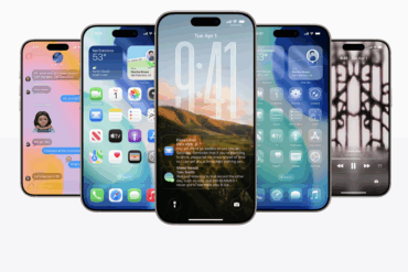Fire Apple-enheter med iOS 26-grensesnitt og Liquid Glass-design vist under WWDC 2025