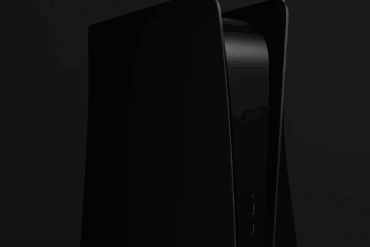 Illustrasjon av en konseptmodell av PlayStation 6 med helsvart design, laget med kunstig intelligens.
