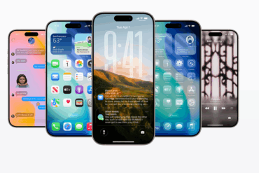 Fem iPhone-modeller som viser ulike iOS 26-funksjoner, inkludert det nye Liquid Glass-designet.