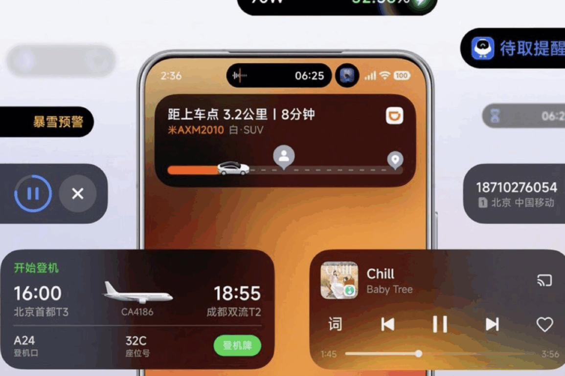 Skjermbilde som viser Xiaomis nye HyperOS 3 med funksjonen Super Island, et dynamisk nav for varsler og live-aktiviteter, tydelig inspirert av Apples Dynamic Island.