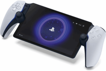 PlayStation 6 Portable med hvite kontroller, lekket design fra Sony med skjerm i midten og blå lysring.