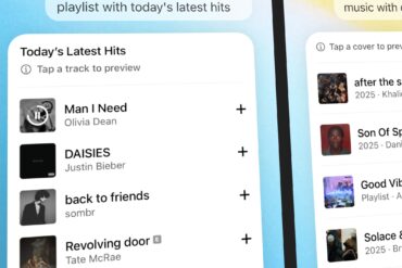 Skjermbilde som viser ChatGPT integrert med Apple Music, der en spilleliste genereres automatisk med låter som kan legges direkte til i Apple Music-biblioteket.