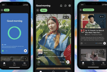 Skjermbilde som viser Spotify-appen på mobil med ulike visninger for musikkavspilling, anbefalinger og spillelister.