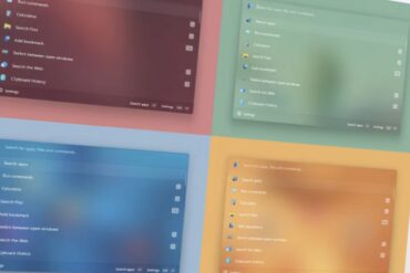 Skjermbilde av PowerToys Command Palette med flere fargetemaer og bakgrunnsstiler, som viser den nye personaliseringsfunksjonen i PowerToys 0.97.