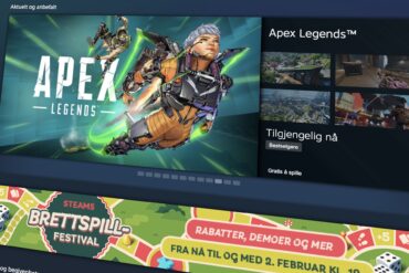 Steam-grensesnitt på en TV eller skjerm som viser spillbiblioteket med blant annet Apex Legends og kampanjer i nettbutikken.
