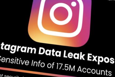 Illustrasjon med Instagram-logo og tekst som viser til lekkasje av sensitive data fra 17,5 millioner Instagram-kontoer.