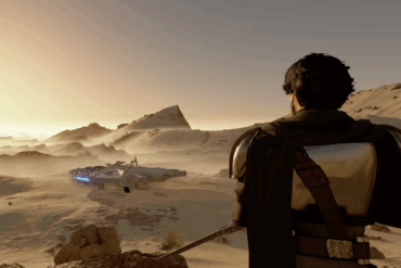 Spillerkarakter i Star Wars Genesis-modden til Starfield står i et ørkenlandskap og ser utover et romskip, med fullstendig Star Wars-inspirert miljø og design.