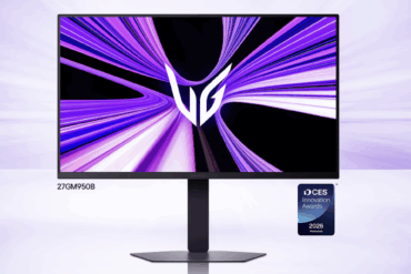 LG UltraGear evo gaming-skjerm med futuristisk lilla grafikk på skjermen, tynn ramme, sentral fot og CES 2026-merke som fremhever ny skjermteknologi og AI-oppskalering.