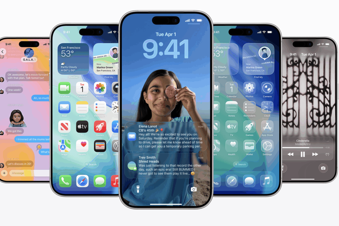 Forskjellige iPhone-modeller med ulike iOS-versjoner vist side om side, som illustrerer Apples iOS-grensesnitt, startskjermer og designutvikling på tvers av flere generasjoner iPhone-enheter.