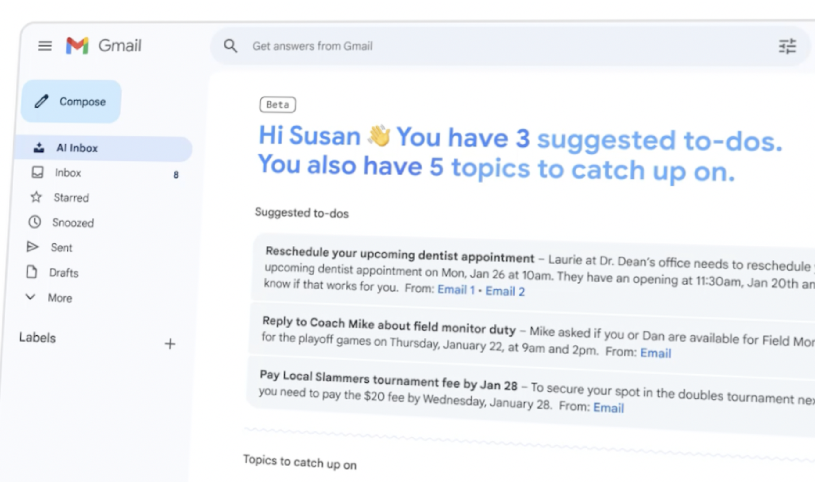 Gmail-grensesnitt med Gemini-basert AI-innboks som viser foreslåtte oppgaver og oppsummeringer.