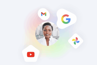 Illustrasjon som viser Google Gemini koblet til Google-tjenester som Gmail, Google Søk, Google Photos og YouTube, symbolisert med app-ikoner rundt en person i midten.