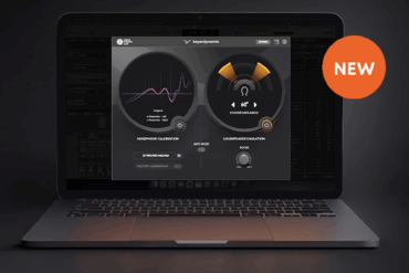 Laptop som viser beyerdynamic HEADPHONE LAB-plugin i bruk, med grafisk grensesnitt for lydkalibrering og romsimulering, markert som ny funksjon for profesjonell miksing og mastring med hodetelefoner.