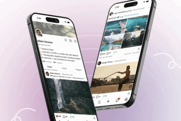 To smarttelefoner som viser grensesnittet til sosiale medier-appen UpScrolled med innlegg, bilder og kronologisk feed.