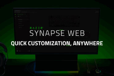 Razer Synapse Web vist på PC-skjerm med grønt Razer-design, som viser nettleserbasert kontrollpanel for tilpasning av tastatur og mus uten installert programvare