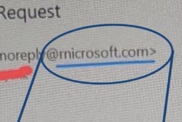 Skjermbilde av en epost som utgir seg for å være fra Microsoft, der avsenderadressen viser domenet «rnicrosoft.com», et phishing-triks som visuelt ligner «microsoft.com».