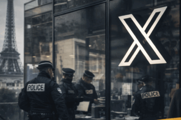 Politibetjenter står utenfor inngangen til X sitt kontorbygg under en razzia, med refleksjon av uniformer i glassfasaden og den store X-logoen synlig på veggen. Scene i urbant miljø som illustrerer etterforskning og myndighetsaksjon mot sosiale medier-plattformen.