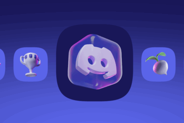 Illustrasjon av Discord-logoen i midten på lilla bakgrunn, omgitt av små ikoner som en kaffekopp og en spire, som symboliserer fellesskap og ulike servertemaer i appen.