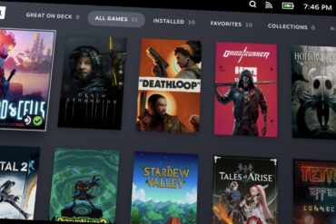 Steam-bibliotekvisning med spill som Deathloop, Stardew Valley og Portal 2 i oversikten.