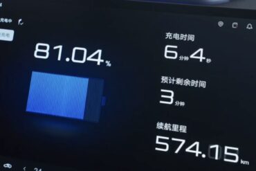 Skjermbilde fra en BYD-presentasjon som viser ladeprosessen til en elbil. Displayet viser batterinivå på 87,04 prosent samt ladedata og rekkeviddeinformasjon under demonstrasjonen av BYDs nye hurtigladingsteknologi.