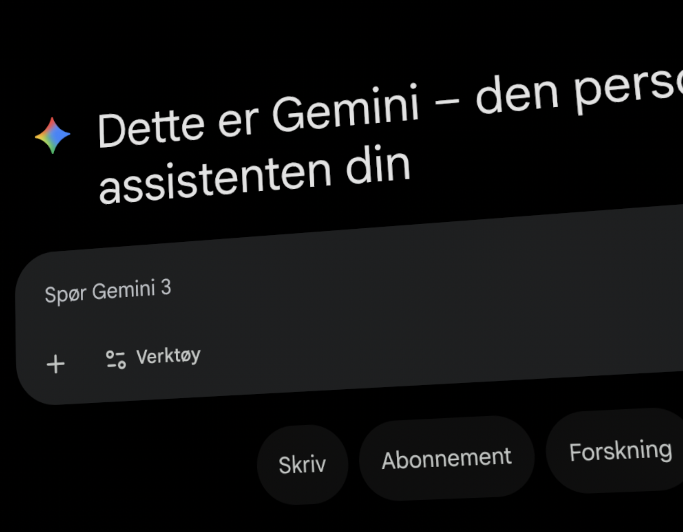 Skjermbilde av Gemini-appen på norsk med teksten «Dette er Gemini – den personlige assistenten din» og søkefeltet «Spør Gemini 3».