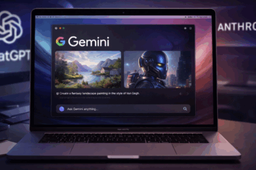 Illustrasjon av en MacBook som viser Googles Gemini-app, med AI-grensesnitt på skjermen og visuelle hint til konkurranse mot ChatGPT og Anthropic i bakgrunnen.