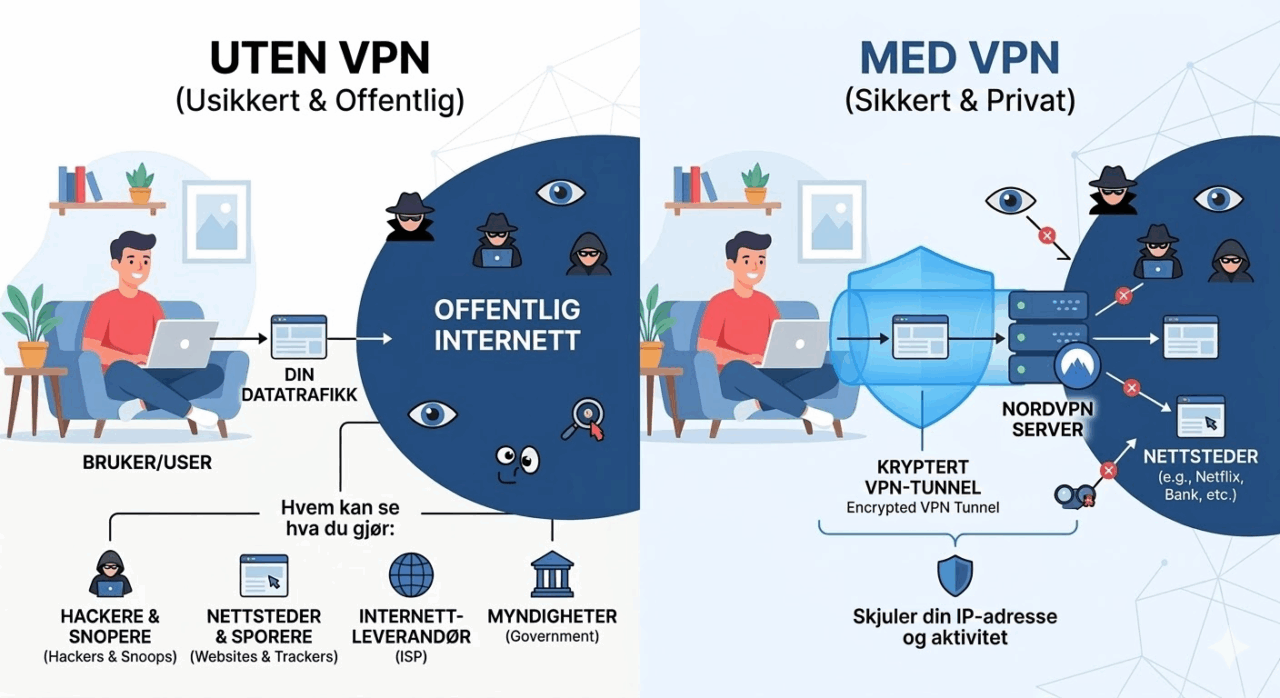 Illustrasjon som viser forskjellen på å surfe uten VPN og med NordVPN – kryptert tunnel beskytter trafikken