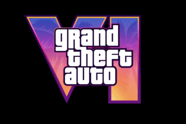 Grand Theft Auto VI-logo på mørk bakgrunn, med stor romertall “VI” i lilla og oransje gradient bak den klassiske hvite “grand theft auto”-teksten i midten.