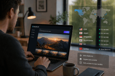 En bruker tester Dreamina AI på en laptop, der tilgangen til funksjoner og kreditter varierer avhengig av region.