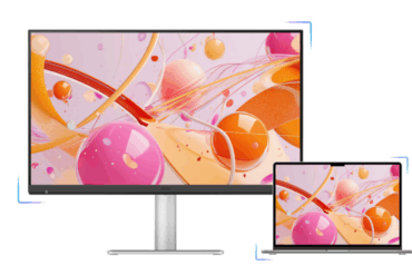 Illustrasjon av BenQ MA270S koblet til en MacBook via én kabel, som viser samme fargerike bilde på begge skjermene for å demonstrere 5K-oppløsning og Mac-integrasjon.